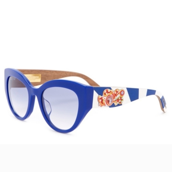 DOLCE & GABBANA Wood-Trim Universal-Fit Cat-Eye Sunglasses Blue